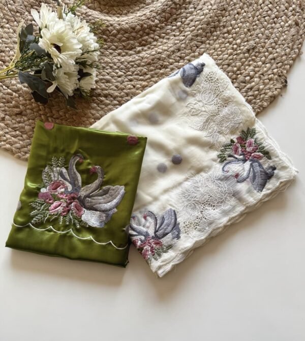 Cream White Crystal Tissue Saree with Floral Cutwork | Satin Silk Blouse Cream White Crystal Tissue Saree