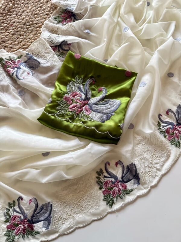 Cream White Crystal Tissue Saree with Floral Cutwork | Cream White Crystal Tissue Saree