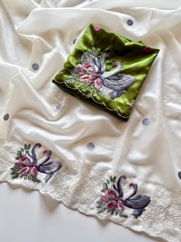 Cream White Crystal Tissue Saree with Floral Cutwork | Satin Silk Blouse Cream White Crystal Tissue Saree