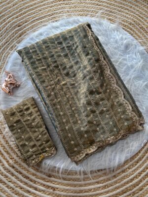 Olive Green Pure Silk Fandy Chiffon Saree