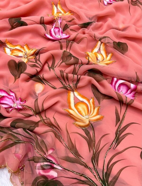 Peach Pure Chiffon Handwork Saree