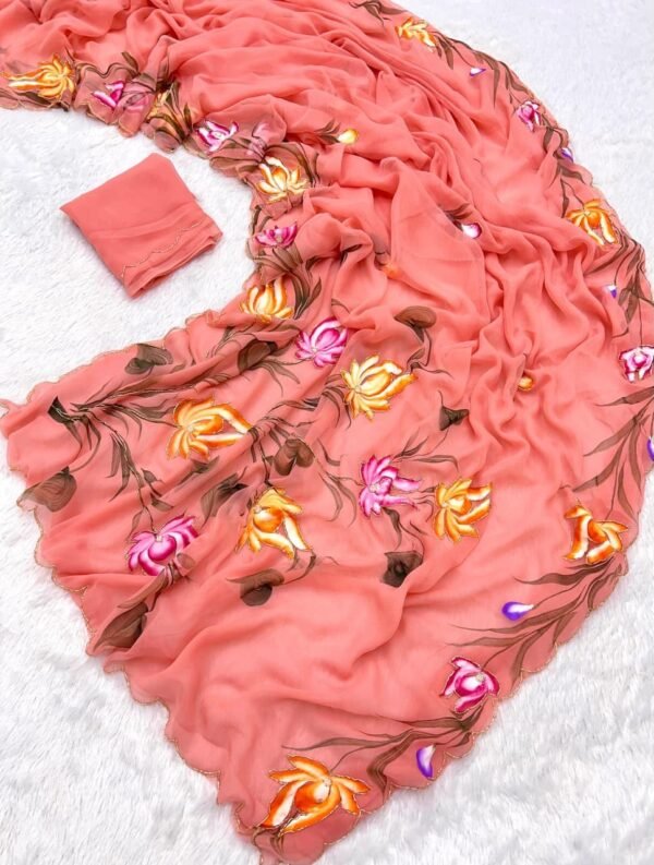 Peach Pure Chiffon Handwork Saree