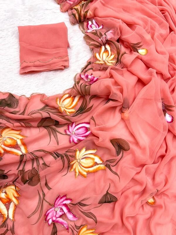 Peach Pure Chiffon Handwork Saree