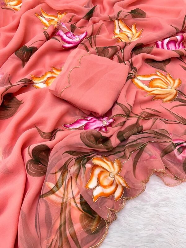 Peach Pure Chiffon Handwork Saree