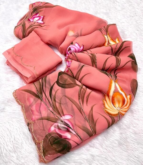 Peach Pure Chiffon Handwork Saree