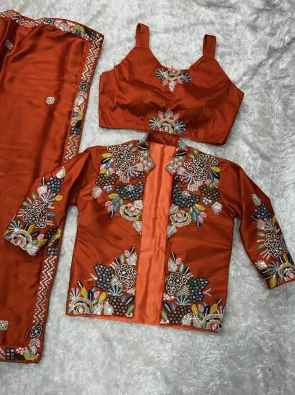 Rust Orange BSY Satin Saree with Embroidered Jacket & Stitched Blouse Rust Orange BSY Satin Saree