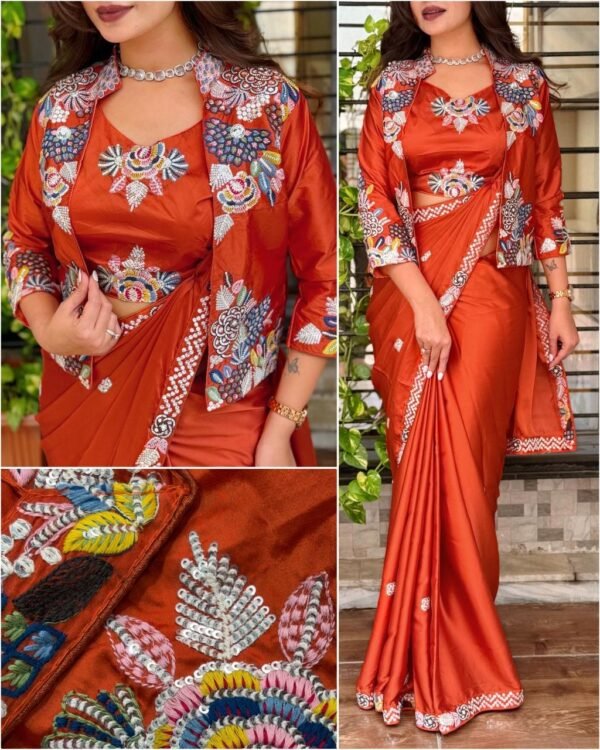Rust Orange BSY Satin Saree with Embroidered Jacket & Stitched Blouse Rust Orange BSY Satin Saree