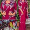 Wine Pink BSY Satin Saree with Embroidered Jacket & Stitched Blouse Wine Pink BSY Satin Saree