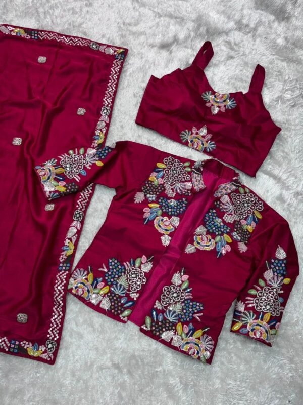 Wine Pink BSY Satin Saree with Embroidered Jacket & Stitched Blouse Wine Pink BSY Satin Saree