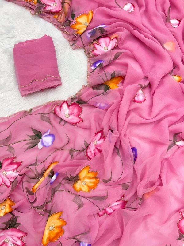 Pink Pure Chiffon Handwork Saree
