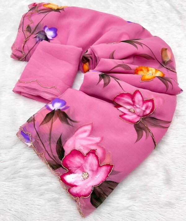 Pink Pure Chiffon Handwork Saree