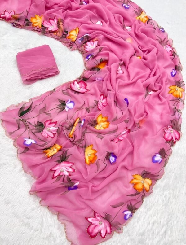 Pink Pure Chiffon Handwork Saree