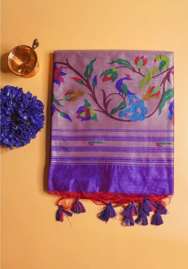 Purple Banarasi Peacock Paithani Silk Saree | Handloom Zari Kadwa Purple Banarasi Peacock Paithani Silk Saree
