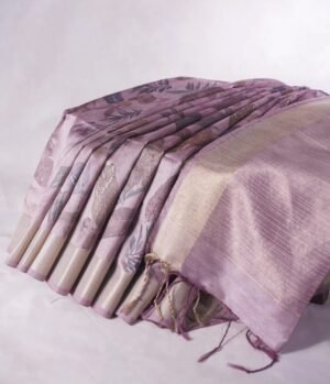 Banarasi Onion Block Print Raw Silk Saree in Pastel Lavender | ₹2485 Banarasi Onion Block Print Raw Silk Saree
