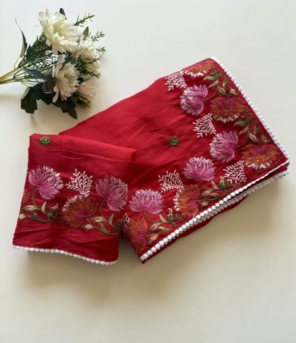 Red Pure Tussar Silk Saree | Floral Thread Work | Elegant Silk Saree Red Pure Tussar Silk Saree
