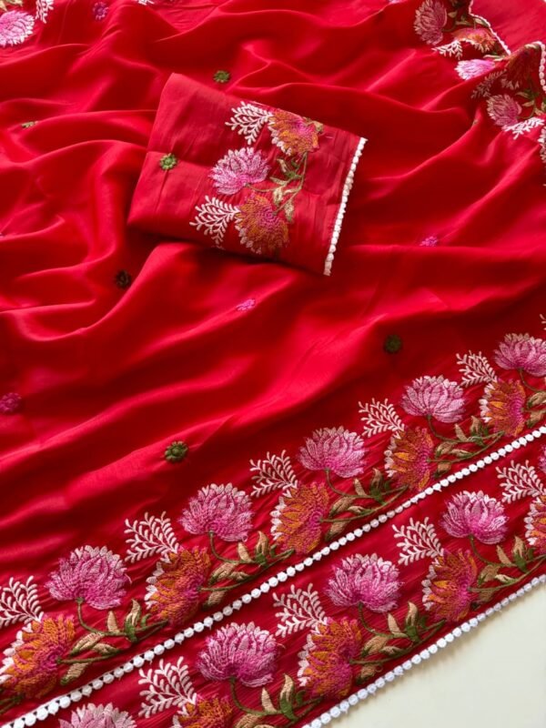 Red Pure Tussar Silk Saree | Floral Thread Work | Elegant Silk Saree Red Pure Tussar Silk Saree