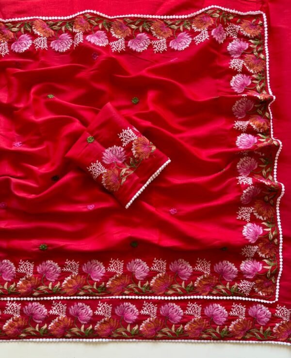 Red Pure Tussar Silk Saree | Floral Thread Work | Elegant Silk Saree Red Pure Tussar Silk Saree