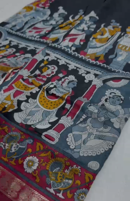 Black Maheshwari Saree with Black Kalamkari Pallu & Zari Border Black Maheshwari Saree