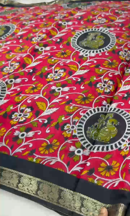 Black Maheshwari Saree | Kalamkari Pallu & Zari Peacock Border Maheshwari Saree