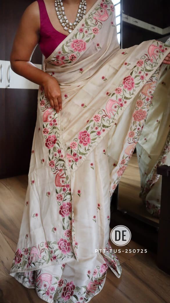 Solid Cream Tussar Silk Saree