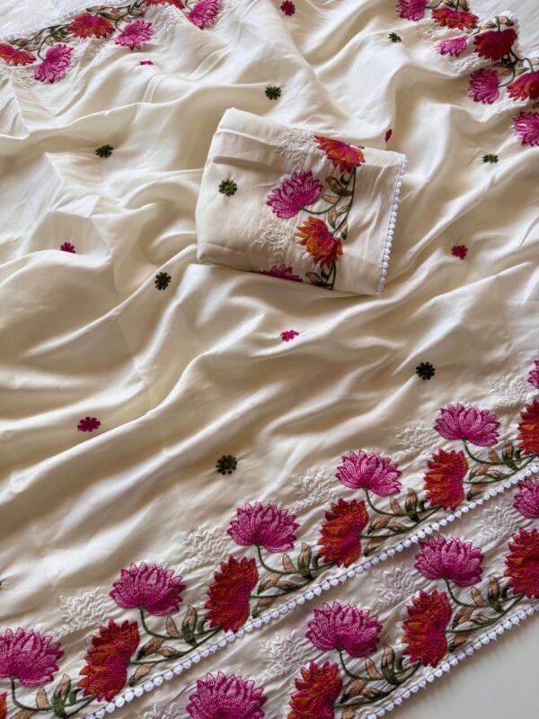 White Pure Tussar Silk Embroidered Saree | Floral Thread Work White Pure Tussar Silk Saree