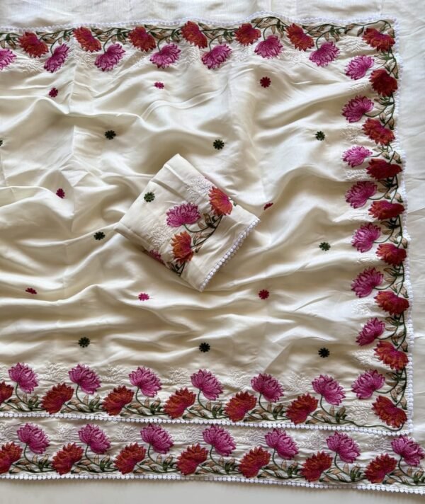 White Pure Tussar Silk Embroidered Saree | Floral Thread Work White Pure Tussar Silk Saree