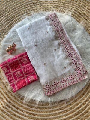 Vanilla White Pure Silk Saree with Pink Banarasi Blouse Vanilla White Pure Silk Saree