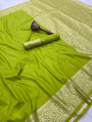 Parrot Green Pure Soft Banarasi Silk Saree