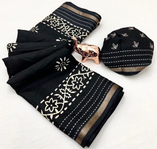 Katha-2 Binny Crepe Printed Saree with Katha Thread Work & Zari Border Katha-2 Binny Crepe Printed Saree