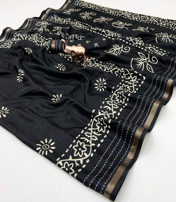 Shop Katha-2 Binny Crepe Printed Saree featuring elegant 3D style print, finest katha thread work and rich zari border. Comes with running blouse, perfect for daily and festive wear. Katha-2 Binny Crepe Printed Saree