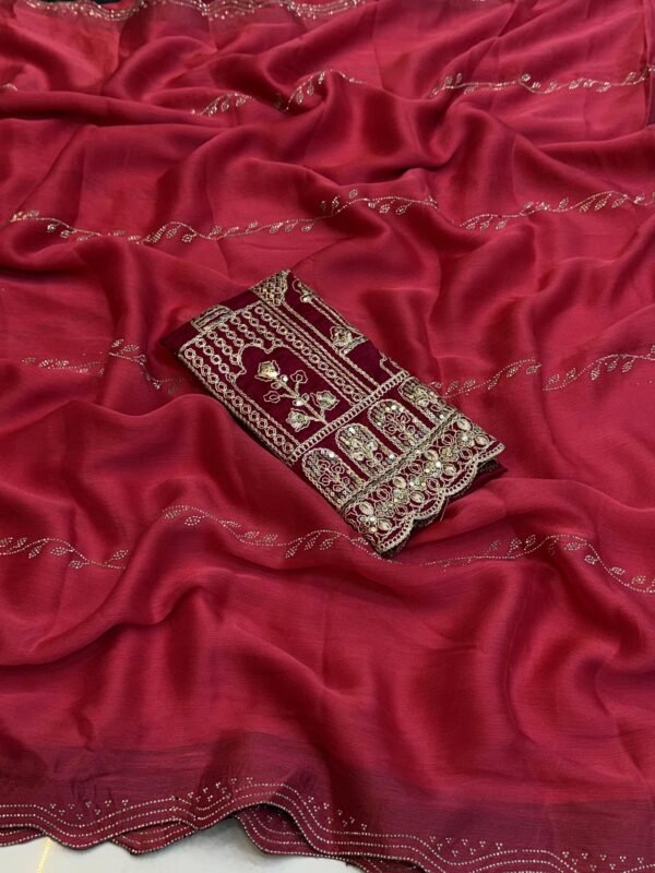 Wine Maroon Satin Chiffon Lehariya Saree with Diamond Work | Heavy Blouse | ₹999 Wine Maroon Satin Chiffon Lehariya Saree