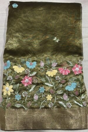 Olive Green Tissue Saree with Golden Zari Border