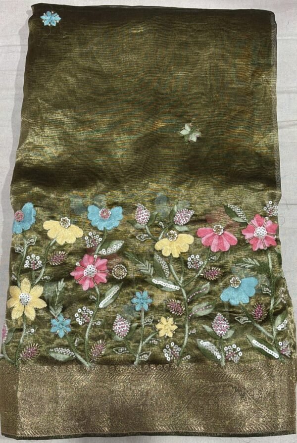 Olive Green Tissue Saree with Golden Zari Border