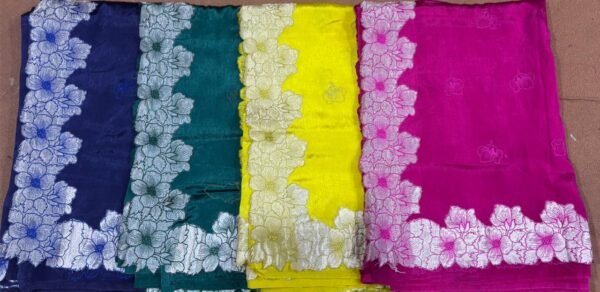 Floral Cut Work Border Tussar Silk Saree – Premium Appliqué Work Saree Floral Cut Work Border Tussar Silk Saree