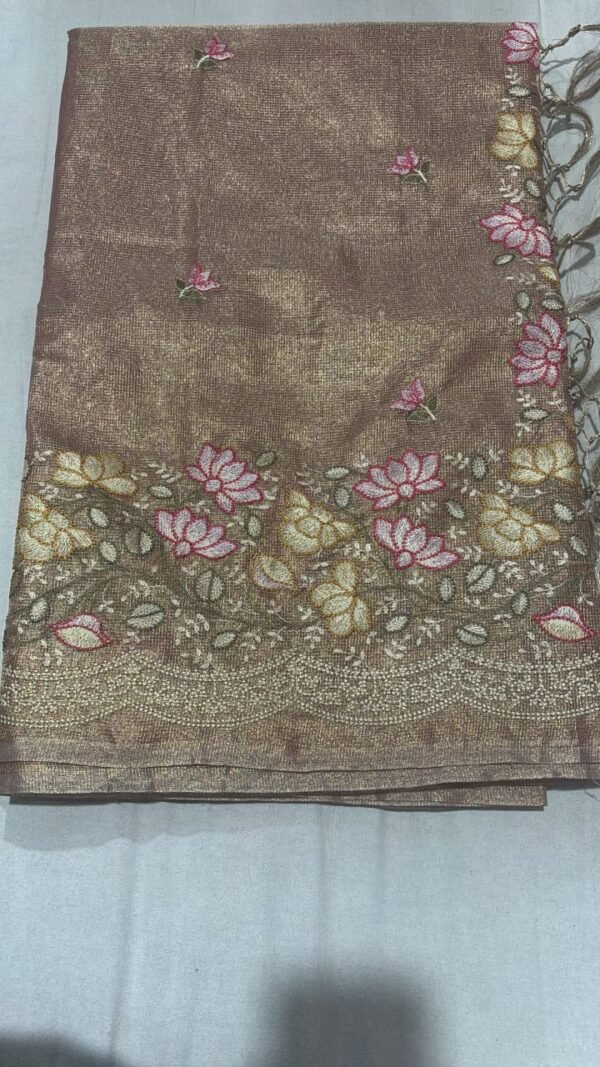 Coffee Brown Soft Tissue Kora Silk Saree with Heavy Floral Embroidery Border Coffee Brown Soft Tissue Kora Silk Saree