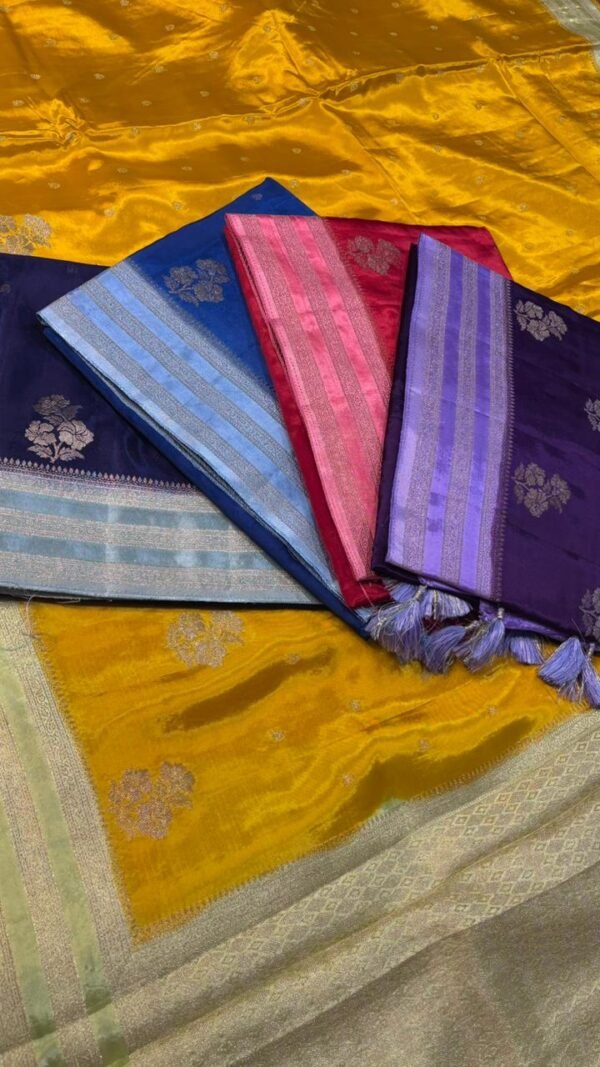 Korea Silk Saree with Golden Zari Border & Floral Buta – Elegant Traditional Wear Korea Silk Saree
