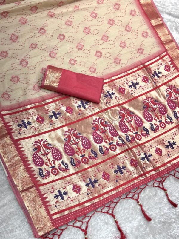 Cream Red Cotton Bandhej Jacquard Saree with Zari Pallu – ₹1500 Cream Red Cotton Bandhej Jacquard Saree