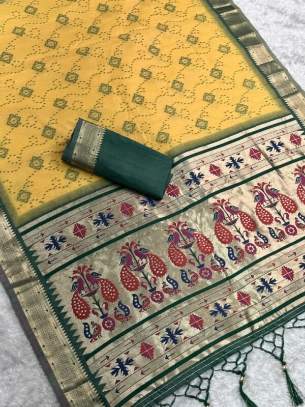 Mustard Green Cotton Bandhej Jacquard Saree with Zari Pallu – ₹1500 Mustard Green Cotton Bandhej Jacquard Saree