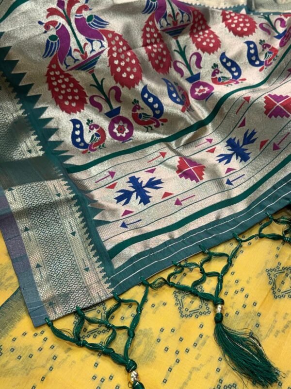 Mustard Green Cotton Bandhej Jacquard Saree with Zari Pallu – ₹1500 Mustard Green Cotton Bandhej Jacquard Saree