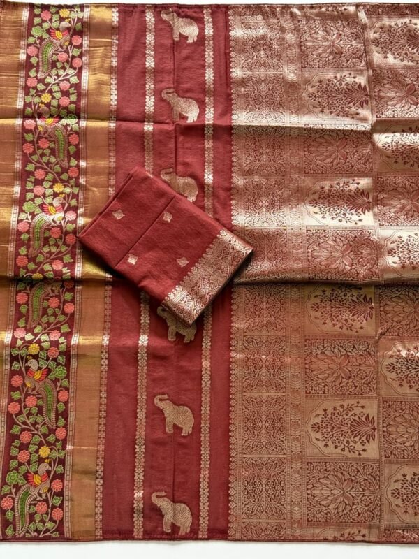 Maroon Pure Chinya Tisu Jacquard Saree
