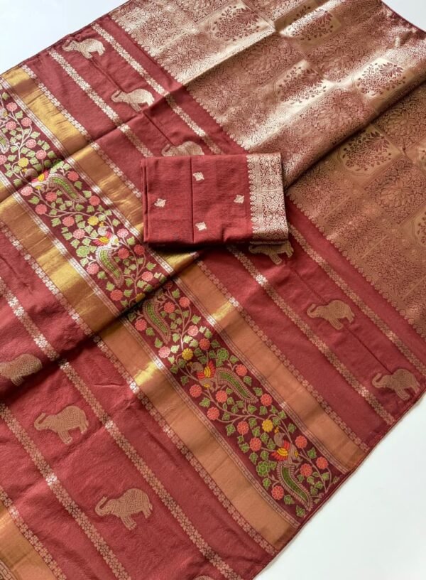 Maroon Pure Chinya Tisu Jacquard Saree