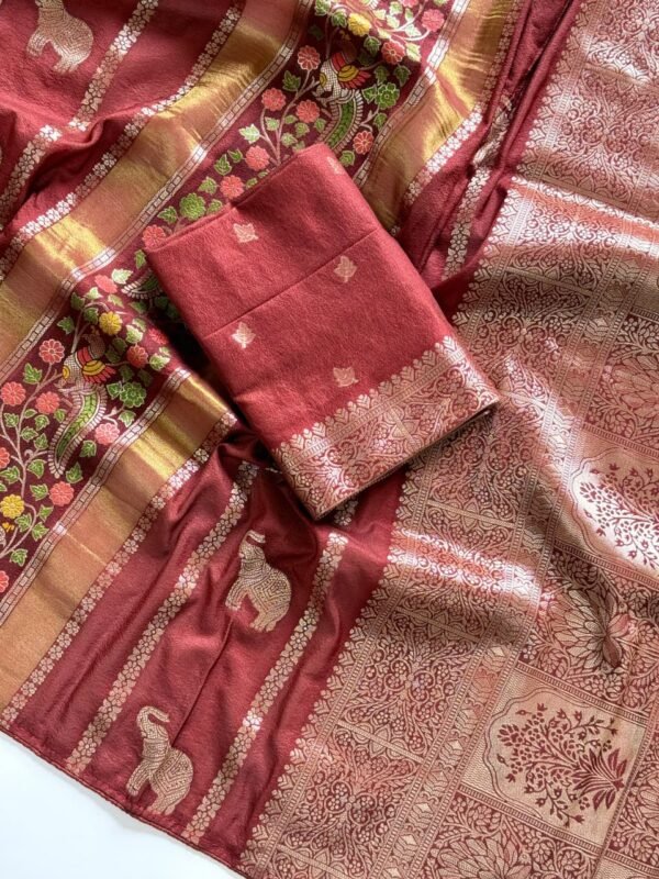 Maroon Pure Chinya Tisu Jacquard Saree