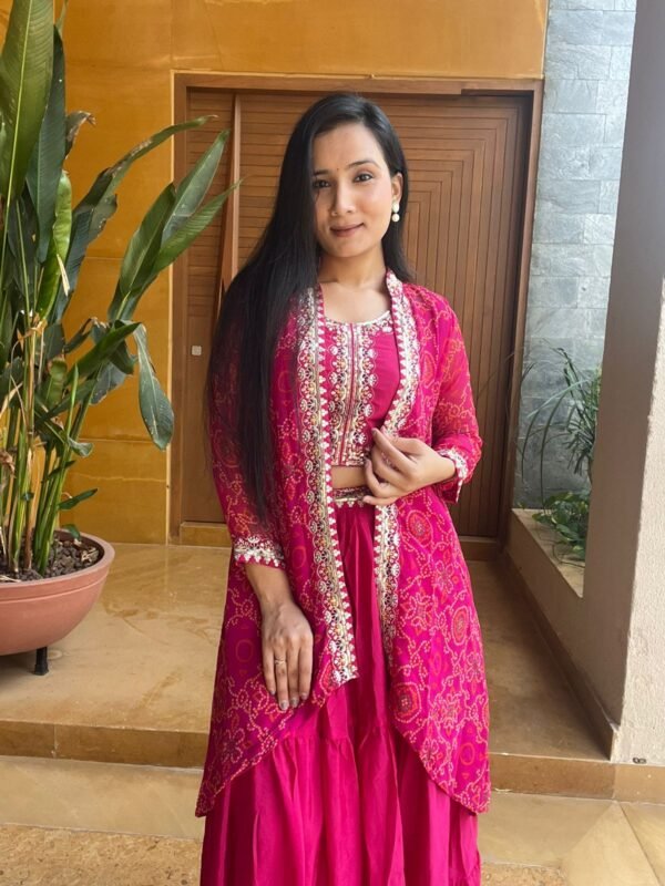 Pink Bandhej Lehenga Choli with Shrug in Red & Pink | Heavy Embroidery @ ₹1650 Pink Bandhej Lehenga Choli with Shrug