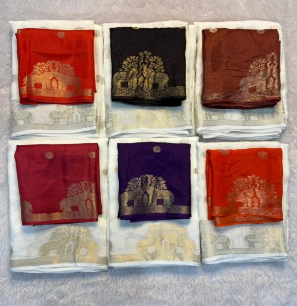 Pure Muslin Silk Saree With Running Blouse and golden elephant zari border