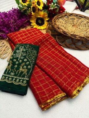 Georgette Saree with Golden Zari Checks at ₹1400 – Wedding & Festive Wear Georgette Saree with Golden Zari Checks