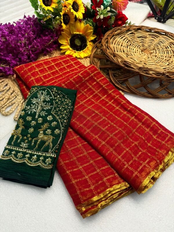 Georgette Saree with Golden Zari Checks at ₹1400 – Wedding & Festive Wear Georgette Saree with Golden Zari Checks