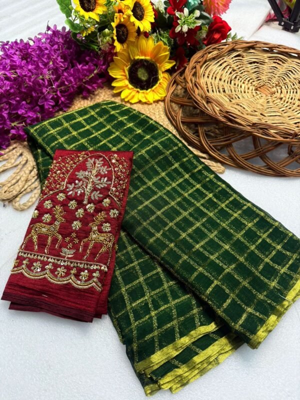 Georgette Saree with Golden Zari Checks at ₹1400 – Wedding & Festive Wear Georgette Saree with Golden Zari Checks