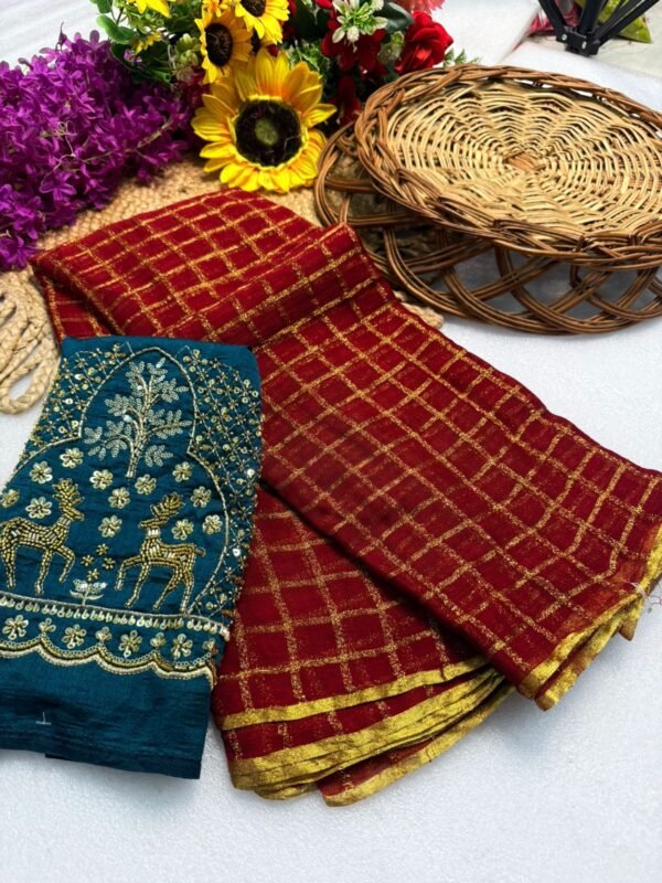 Georgette Saree with Golden Zari Checks at ₹1400 – Wedding & Festive Wear Georgette Saree with Golden Zari Checks