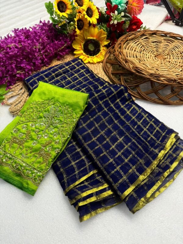 Georgette Saree with Golden Zari Checks at ₹1400 – Wedding & Festive Wear Georgette Saree with Golden Zari Checks