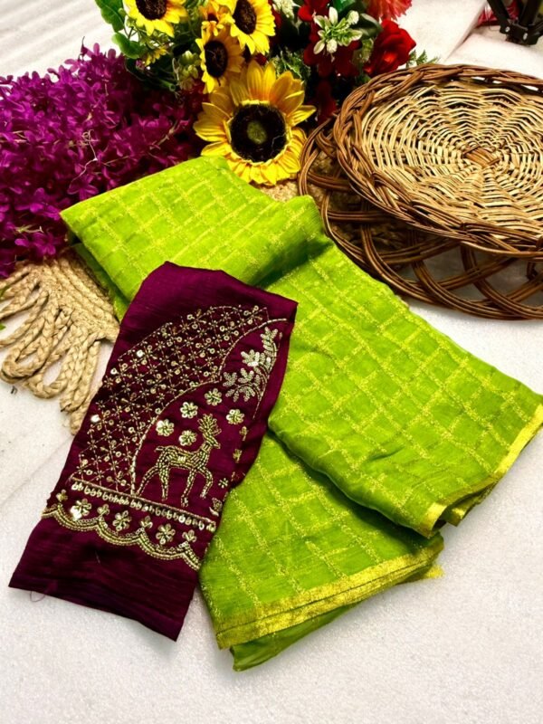 Georgette Saree with Golden Zari Checks at ₹1400 – Wedding & Festive Wear Georgette Saree with Golden Zari Checks